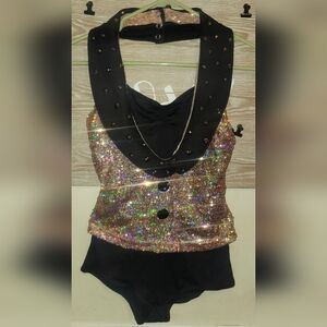 Women's Weissman 1 Piece Halter Sparkling Black & Gold Dancewear Costume Shorts